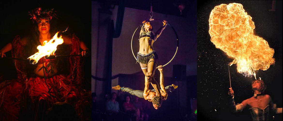 Performers Godess Pele with fire knives, Aerial Dancers, fire breathers all perform for corporate events and weddings